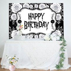 Aperturee - Black White Floral Halloween Happy Birthday Backdrop