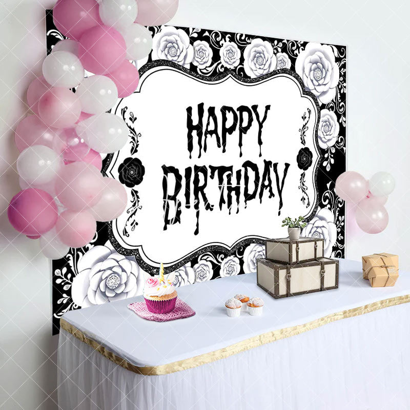 Aperturee - Black White Floral Halloween Happy Birthday Backdrop