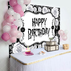 Aperturee - Black White Floral Halloween Happy Birthday Backdrop