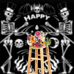 Aperturee - Black White Funny Skeleton Happy Halloween Backdrop