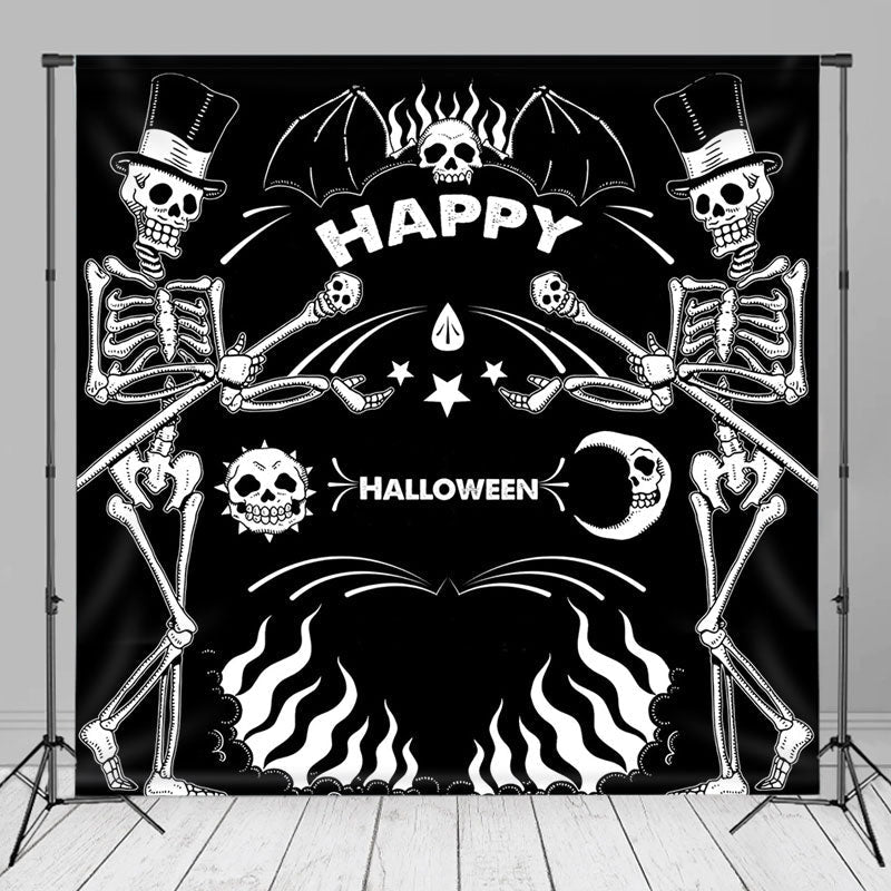 Aperturee - Black White Funny Skeleton Happy Halloween Backdrop