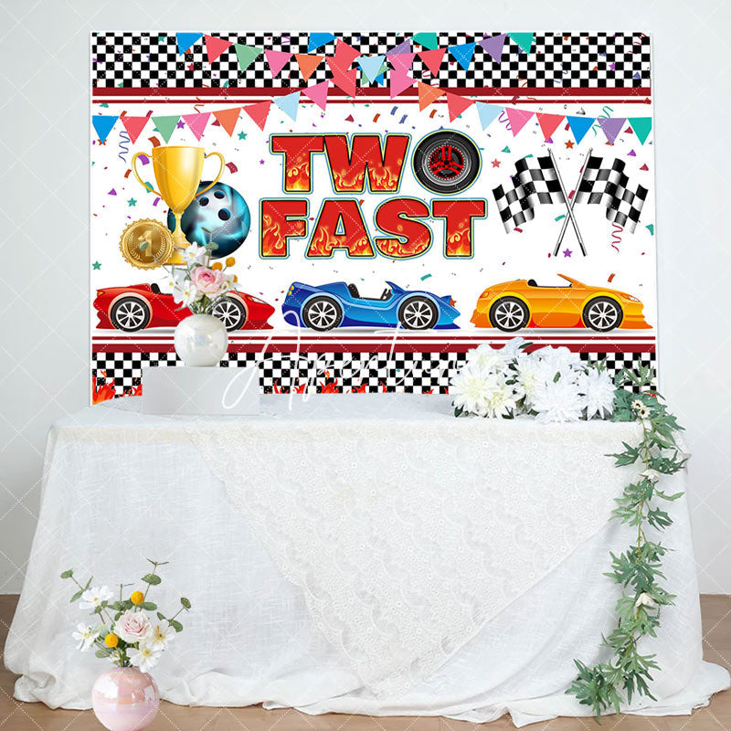 Aperturee - Black White Plaid Two Fast Racing Birthday Backdrop