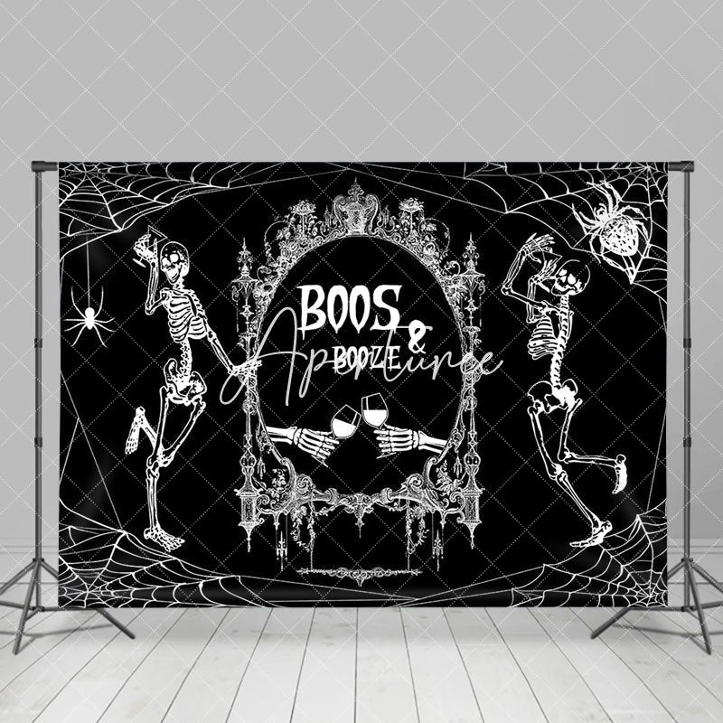 Aperturee - Black White Skeleton Boos Booze Halloween Backdrop