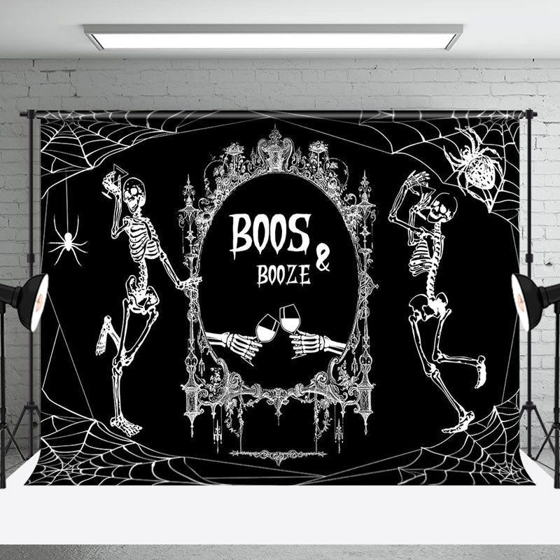 Aperturee - Black White Skeleton Boos Booze Halloween Backdrop