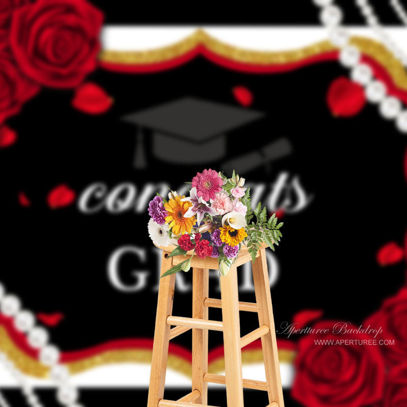 Aperturee - Black White Stripe Pearl Red Rose Grad Photo Backdrop