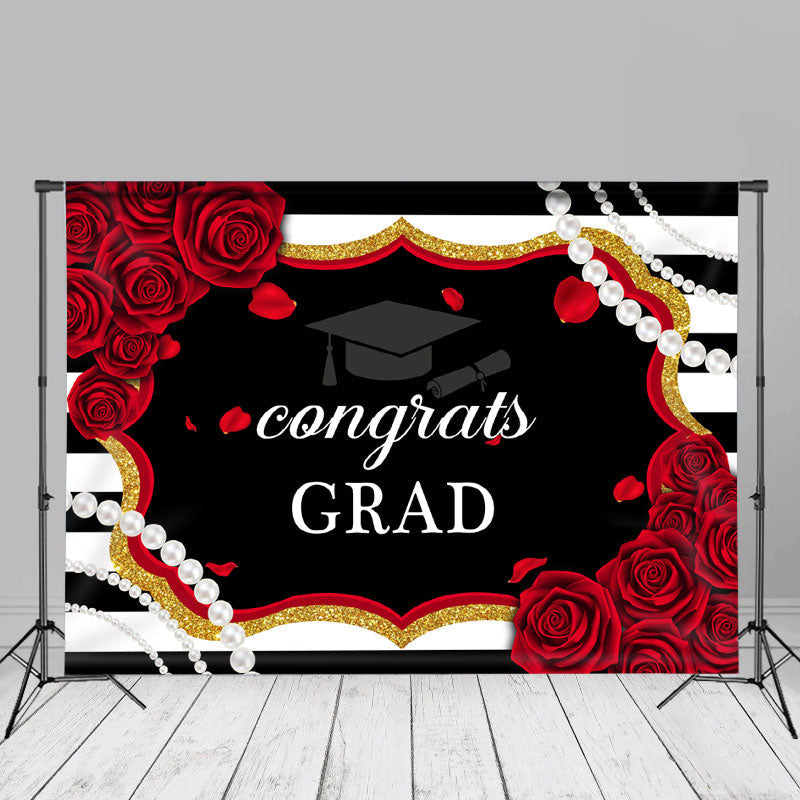 Aperturee - Black White Stripe Pearl Red Rose Grad Photo Backdrop