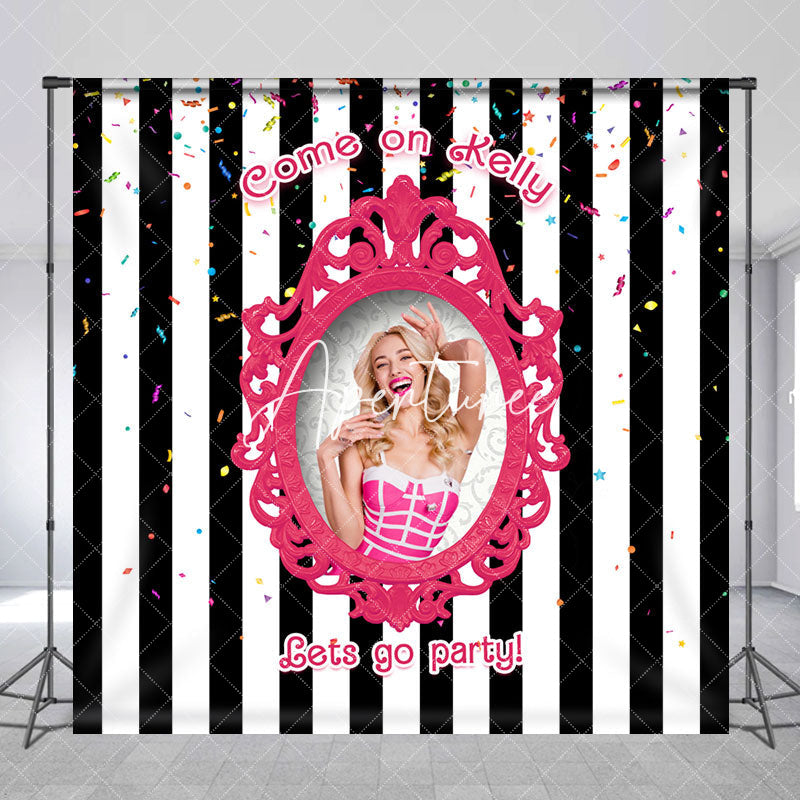 Aperturee - Black White Stripe Princess Custom Birthday Backdrop