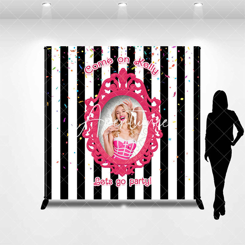 Aperturee - Black White Stripe Princess Custom Birthday Backdrop