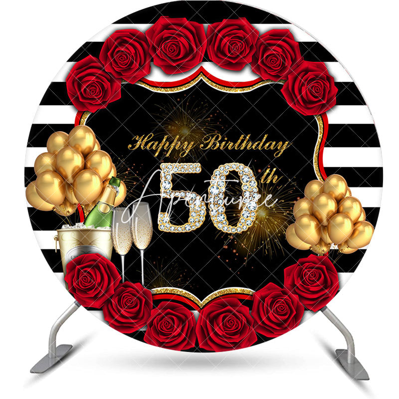 Aperturee - Black White Stripe Rose Round 50th Birthday Backdrop