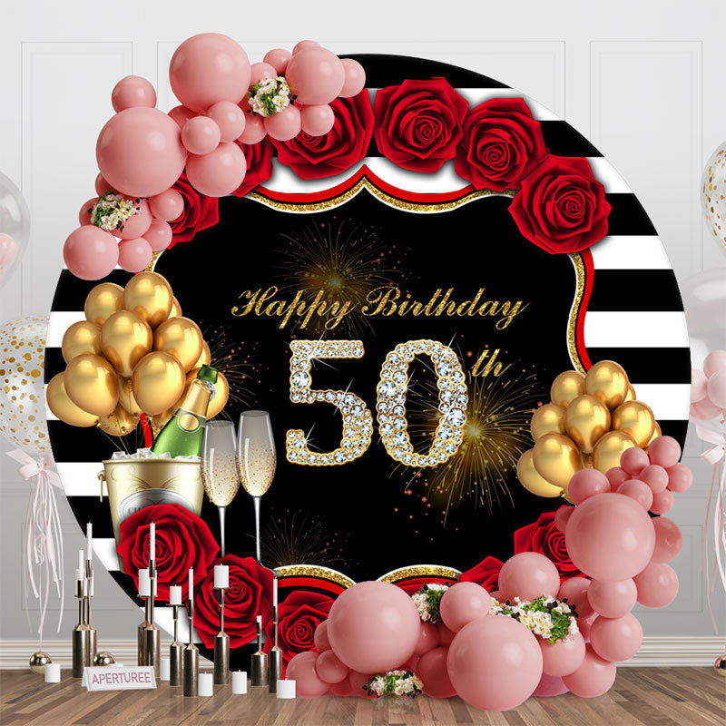 Aperturee - Black White Stripe Rose Round 50th Birthday Backdrop