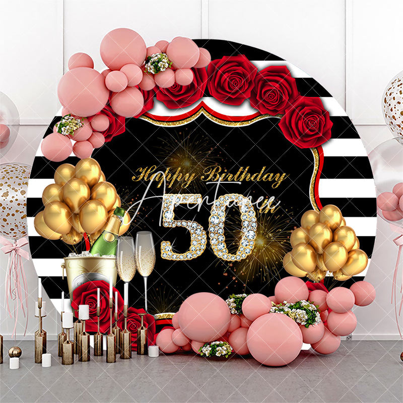 Aperturee - Black White Stripe Rose Round 50th Birthday Backdrop