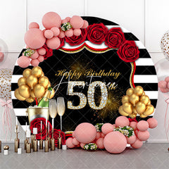 Aperturee - Black White Stripe Rose Round 50th Birthday Backdrop