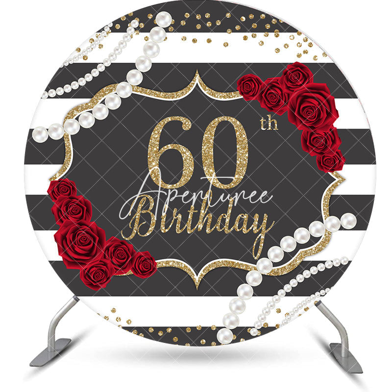 Aperturee - Black White Stripe Rose Round 60th Birthday Backdrop