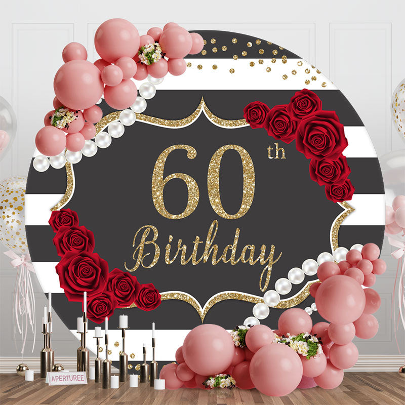 Aperturee - Black White Stripe Rose Round 60th Birthday Backdrop