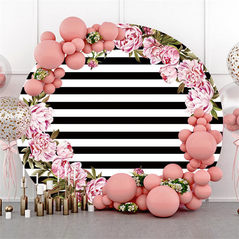 Aperturee Black White Stripe With Flower Circle Party Backdrop