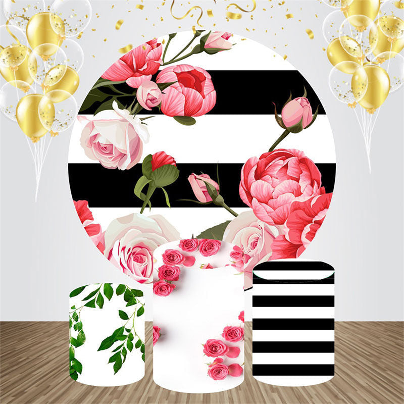 Aperturee - Black White Stripes Rose Round Birthday Backdrop Kit