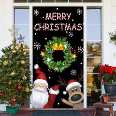 Aperturee - Black Wreath Santa Reindeer Christmas Door Cover