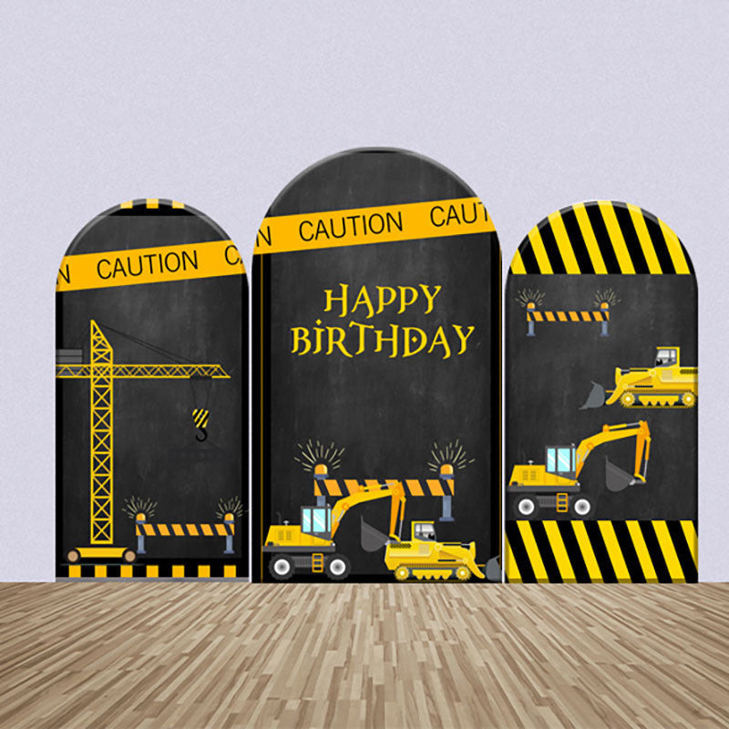 Aperturee - Black Yellow Utility Cars Birthday Arch Backdrop Kit