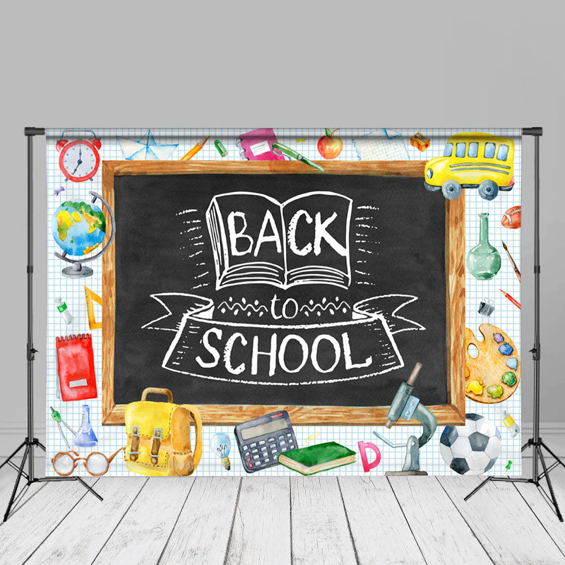 Aperturee - Blackboard Blue Grid Back To School Photo Backdrop