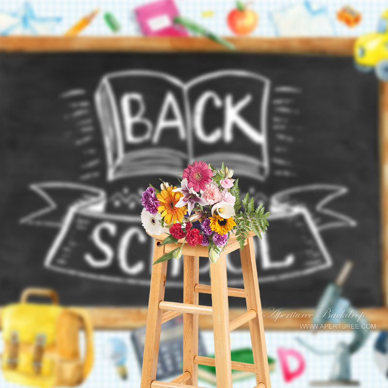 Aperturee - Blackboard Blue Grid Back To School Photo Backdrop