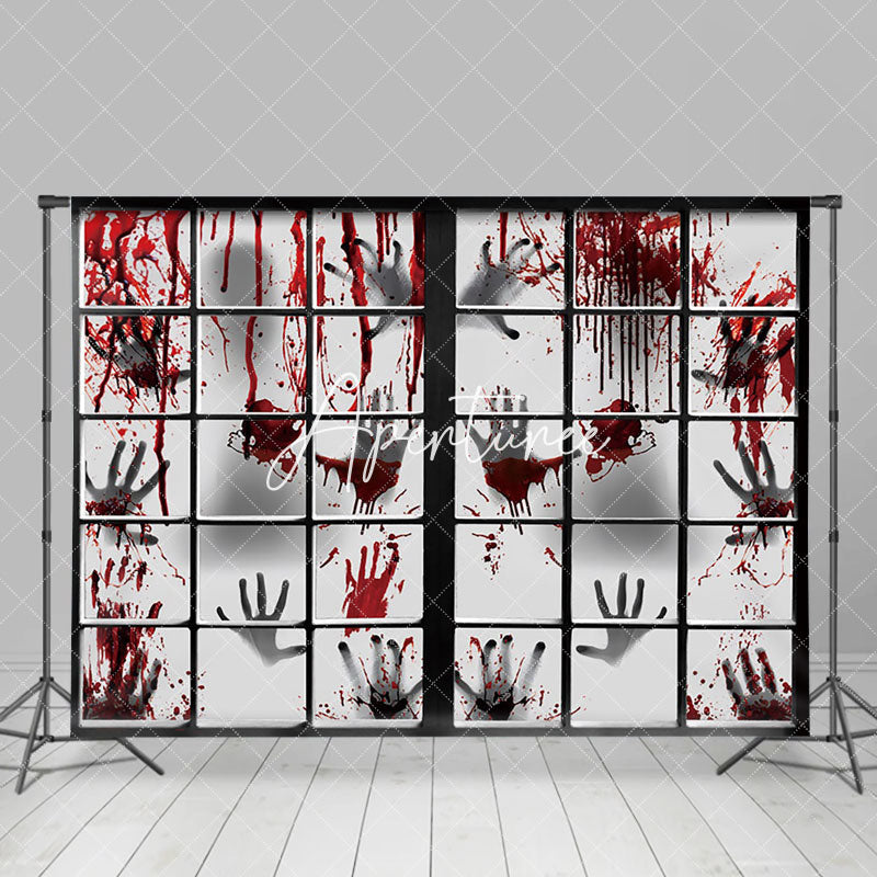 Aperturee - Bloody Window Handprints No One Leaves Halloween Backdrop