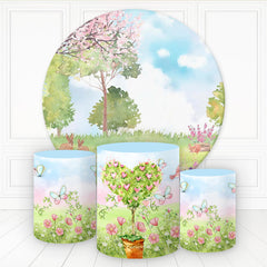 Aperturee Blossom Grass Heart Scene Round Birthday Backdrop Kit