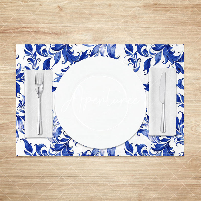 Aperturee - Blue Abstract Leaf Floral Repeat Set Of 4 Placemats