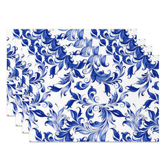 Aperturee - Blue Abstract Leaf Floral Repeat Set Of 4 Placemats