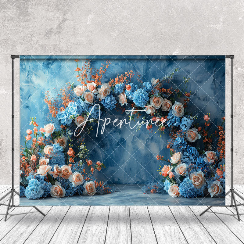 Aperturee - Blue Abstract Wall Arch Floral Leaf Photo Backdrop