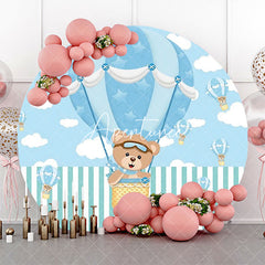 Aperturee - Blue Air Balloon Bear Round Baby Shower Backdrop