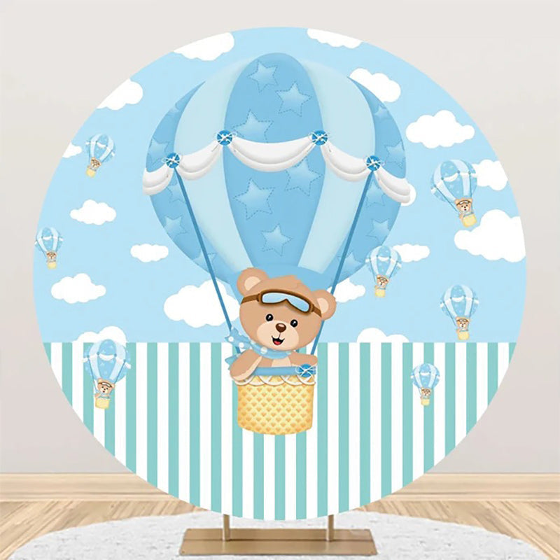 Aperturee - Blue Air Balloon Bear Round Baby Shower Backdrop