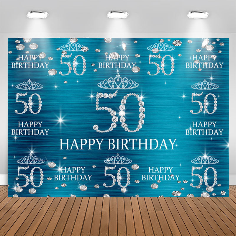 Aperturee - Blue And Glitter Bokeh Happy 50Th Birthday Backdrop