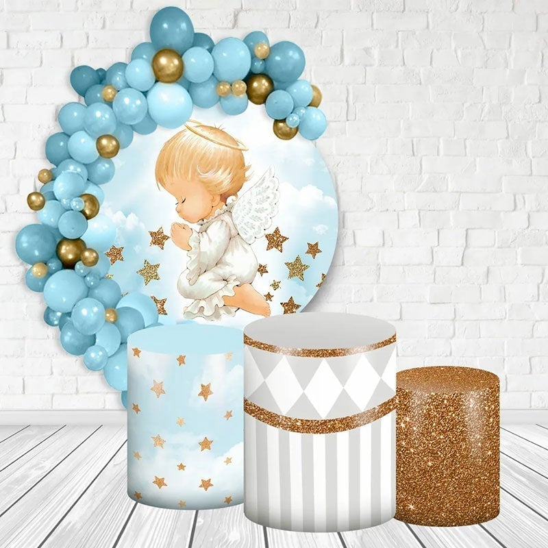 Aperturee Blue And Gold Glitter Angle Round Baby Shower Backdrop Kit