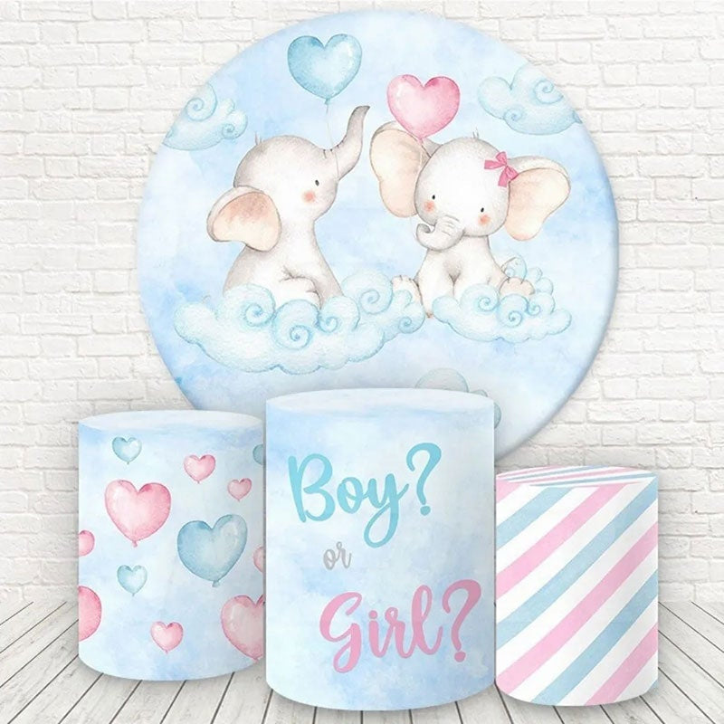 Aperturee Blue And Pink Elephant Round Baby Shower Backdrop Kit