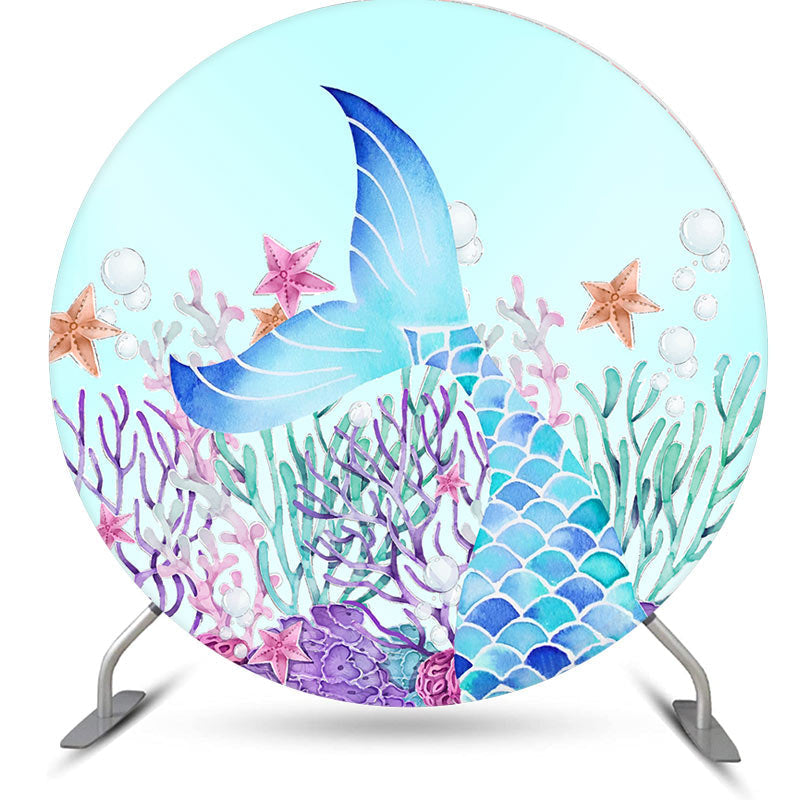 Aperturee - Blue And Purple Mermaid Round Birthday Backdrop Kit