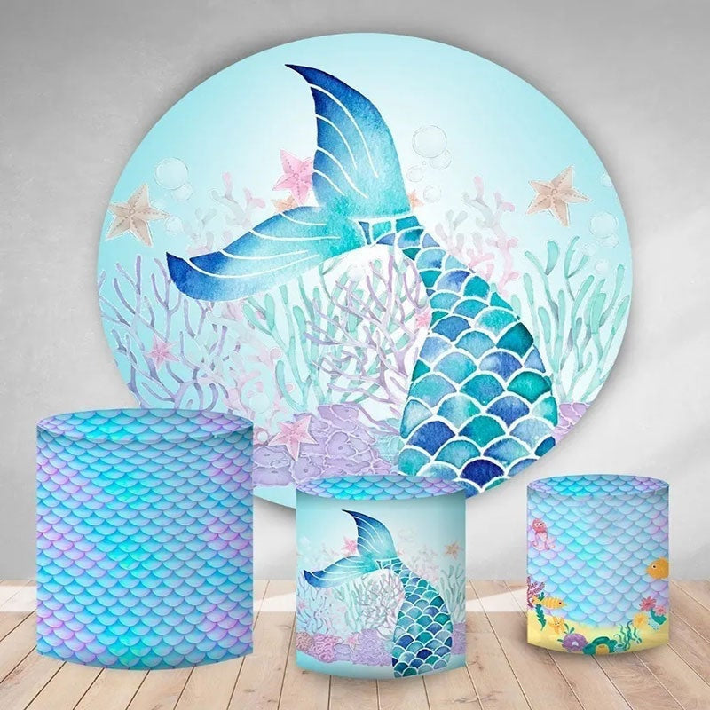 Aperturee Blue And Purple Mermaid Round Birthday Backdrop Kit