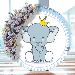 Aperturee - Blue And White Elephant Round Baby Shower Backdrop