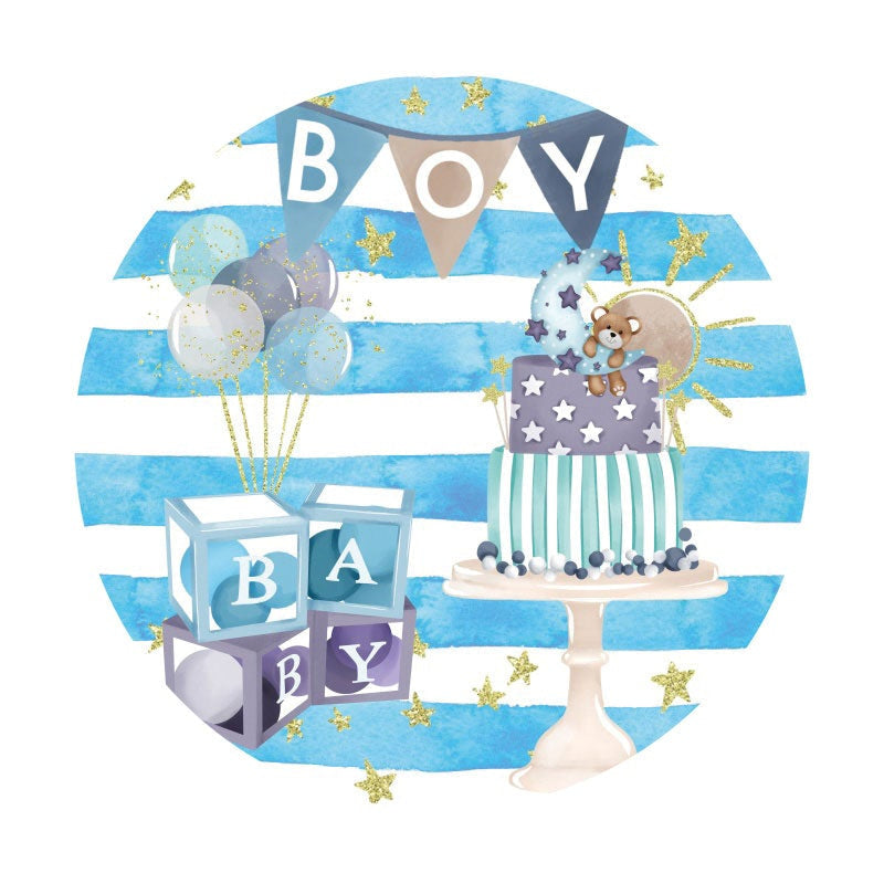 Aperturee - Blue And White Stripes Round Boys Baby Shower Backdrop