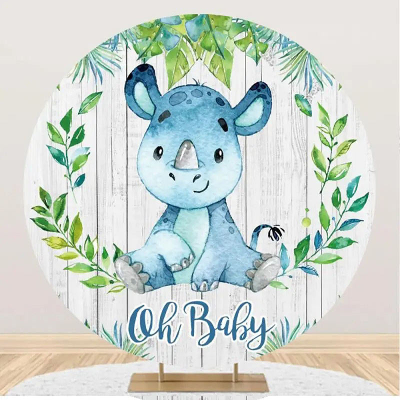 Aperturee - Blue Animal Leaf Wood Round Baby Shower Backdrop