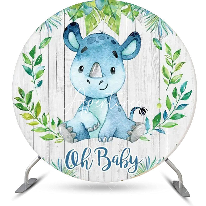 Aperturee - Blue Animal Leaf Wood Round Baby Shower Backdrop