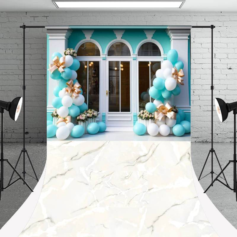 Aperturee - Blue Arch Window Balloons Marble Floor Sweep Backdrop