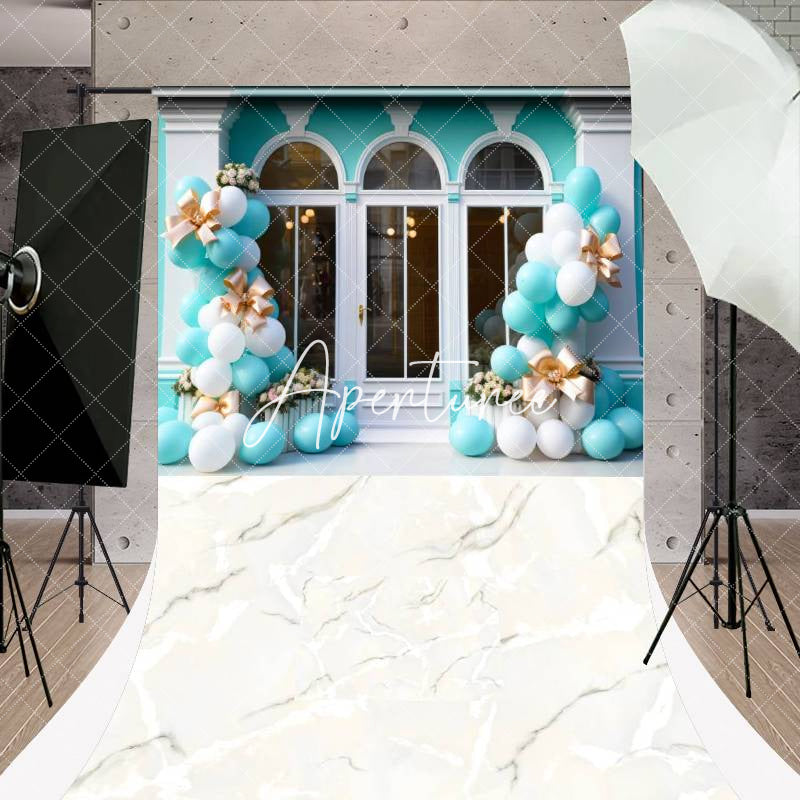 Aperturee - Blue Arch Window Balloons Marble Floor Sweep Backdrop