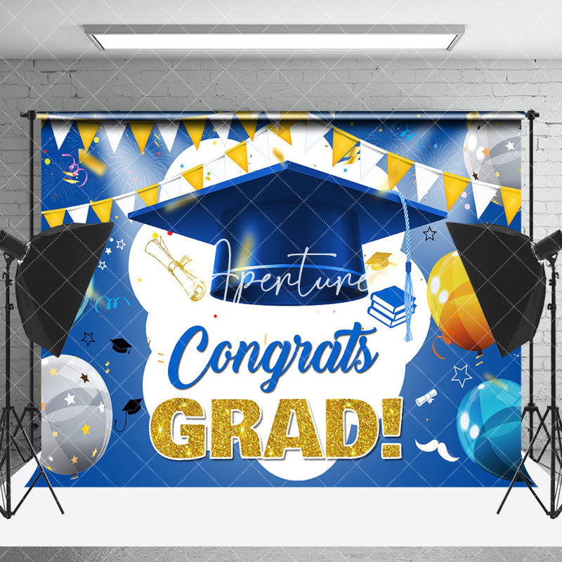 Aperturee - Blue Bachelors Cap Balloon Flag Graduation Backdrop