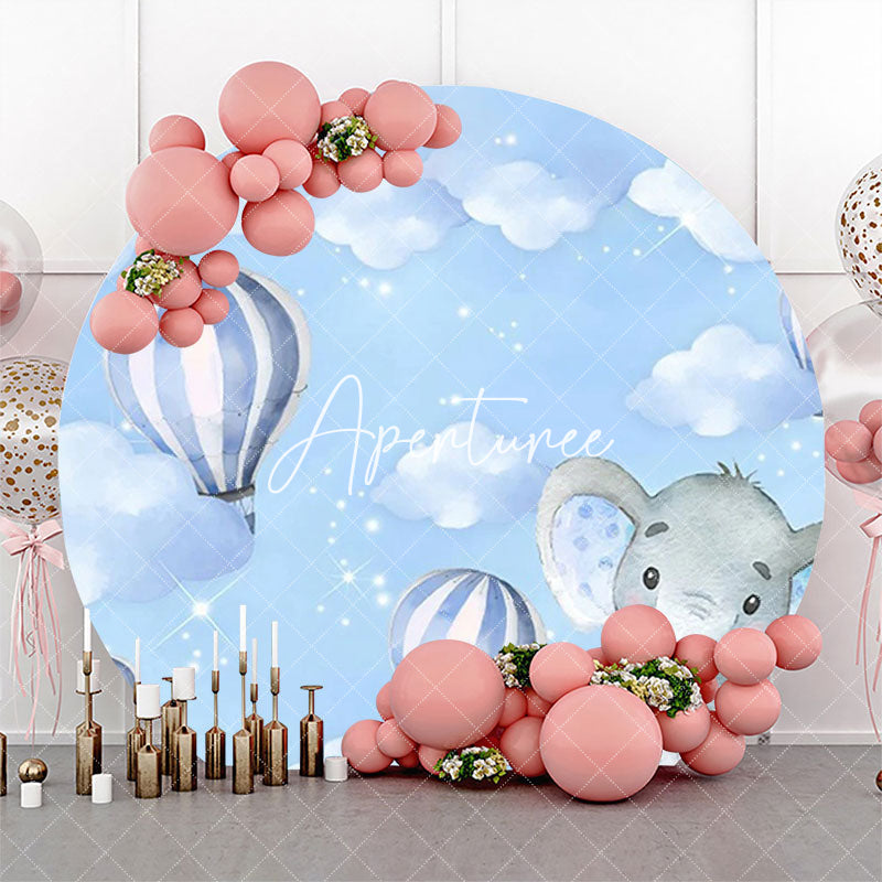 Aperturee - Blue Balloon Elephant Sky Round Baby Shower Backdrop