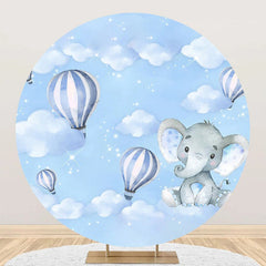 Aperturee - Blue Balloon Elephant Sky Round Baby Shower Backdrop