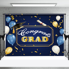 Aperturee - Blue Balloon Gold Ribbon Hat Graduation Backdrop