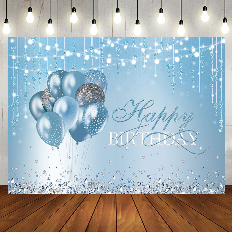 Aperturee - Blue Balloons Diamonds String Lights Happy Birthday Backdrop