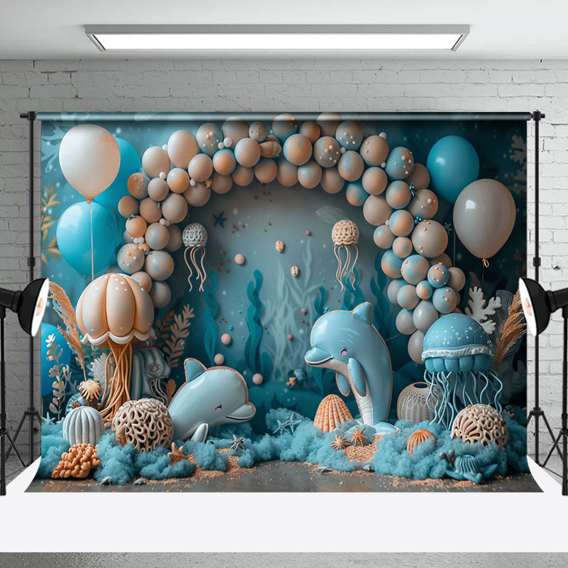 Aperturee - Blue Balloons Jellyfish Dolphin Cake Smash Backdrop