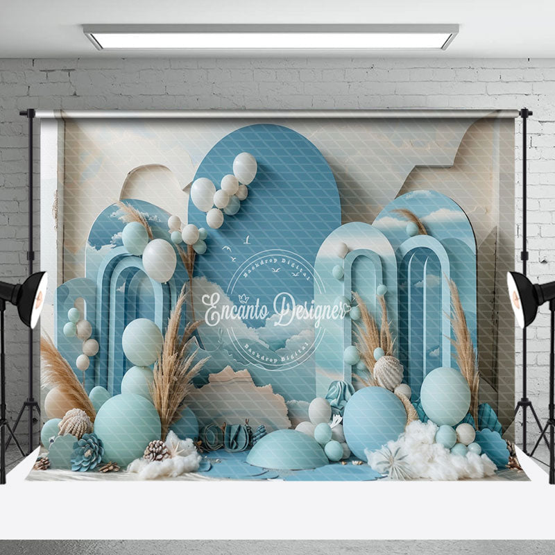 Aperturee - Blue Balloons Sky Summer Cake Smash Photo Backdrop