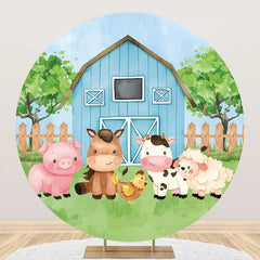 Aperturee - Blue Barn Animals Grass Tree Round Birthday Backdrop